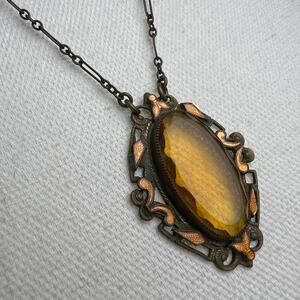 Art Deco 1910s Estate Find Champleve Enamel Lavalier Necklace Amber Glass